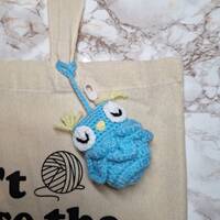 Handmade Crochet Blue Owl Bag Charm/ Wireless headphone Case