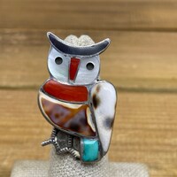 Vintage Sterling Silver Owl Multi-Stone Inlay Ring Size 6