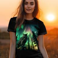 Northern Lights Great Horned Owl - Premium Bella + Canvas 3001 T-Shirt, Cozy Gildan 18000 Sweater, W