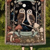 Woodland Owl Custom Blanket | Cottagecore Wedding Gothic Owl Throw Cute Couples Tapestry Personalize