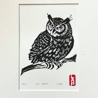 Owl lino print linocut block print - Woodland animals collection