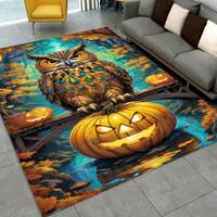 Owl And Pumpkin Rug With Autumn Forest Scene, Magical Halloween Carpet With Lantern Light And Fall L