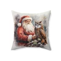 Christmas Santa and Owl Faux Suede Pillow or Pillow Cover Christmas Cabin Decor Woodland Christmas D