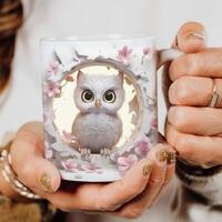White owl mug, Wall of flowers, 3D art, Ceramic Mug 11oz