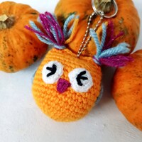 Miss Owl Crochet Toy with Key ring, Orange stuffed animal, soft toy, plushie, pumpkin orange