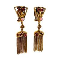 Vintage 1930s Czech Style Owl Snake Red Opaline Art Glass Rhinestone Fringe Tassel Clip On Earrings