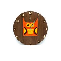 Vintage Orange Owl Bird Numbers Modern Walnut Wall Clock / Funky Bright Retro 60s 70s Kitchen Decor 