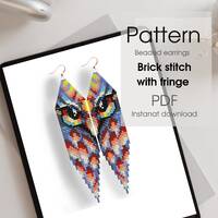 Owl bead pattern fringe earrings, bird, wings, PDF digital download, brick stitch pattern, DIY jewel