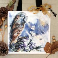 Canvas tote with owl print, woodland animals gift, bird painting, christmas nature gift, eco-friendl