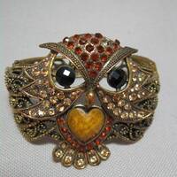 Bracelet Hinge Clamper Bangle Cuff Chunky Owl Antique Gold Tone Rhinestones Dark Honey Light Golden
