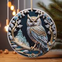 3D Winter Owl Christmas Ornament Sublimation, Bird Christmas Decor, Christmas Round Ornament PNG, Ch