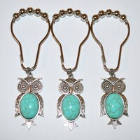 Owl Shower Curtain Hooks, Set of 12, Antique Silver with Faux Turquoise Cabochon Belly, Woodland Nat