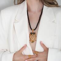 Owl Necklace, Black Gemstone Necklace, Gold Black Necklace, Owl Necklace for Women, Gold Owl Necklac