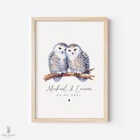 Snowy Owl Couple Print - Personalised Owl Gift - Romantic Bird Art - Names Date Print
