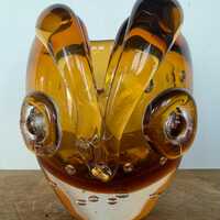 Amber owl paperweight or shallow vase: handmade Whitefriars (or Whitefriars style) in bubbled cased 