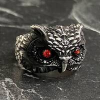 Silver Owl Red Cubic Zirconia Eye Ring, Silver Oxidized Owl Animal Ring, Animal Jewelry, 925 Sterlin