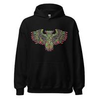 Tribal Owl, Owl in tribal style flying with wings spread out in Reds and Yellows. Unisex Hoodie