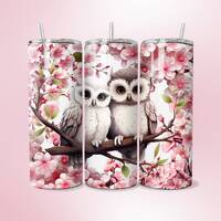 Cute Owl Tumbler Wrap Cherry Blossom Owl PNG 20oz Straight Skinny Tumbler Template Sublimation Owl D