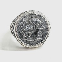 Sterling silver signet ring with Athenian owl, Greek replica coin jewelry