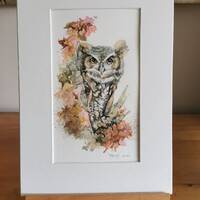 Owl watercolour painting, Original hand painted, Small gift for Christmas, A4 mount Nature and wildl