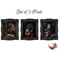 Victorian Animal Prints Set: Owl, Raven, Cat Wall Art (Digital Download)