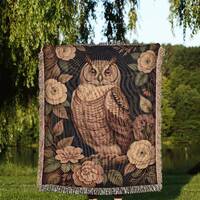 Woodland Owl Throw Blanket: Autunm Owl Tapestry, Floral Light Academia Blanket, Whimsical Forest Cor