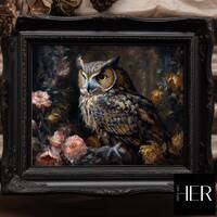 Owl and Pink Rose in Forest core Cottagecore Academia Gothic Floral Botanical Wild Animal Wall Art D