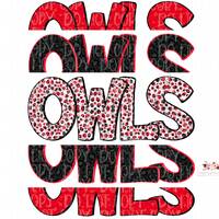Owls Digital Design | Red, White and Black Owls Mascot | Stacked cheetah tie dye & leopard | Dig