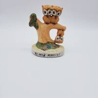 Vintage Ceramic Owls Figurine - Hand Painted 3 Owls in a Tree - No One's Perfect - Kitsch Whimsi