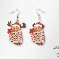 Owl with poinsettia laser cut file, earring DIGITAL DOWNLOAD FILE, Christmas earring
