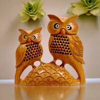 Wooden Owl with Baby Owl Statue | Indian Decorative Undercut Owl Showpiece 15 CM