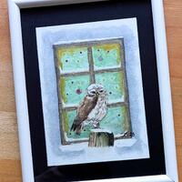 Aquarelle originale hiboux de Noël