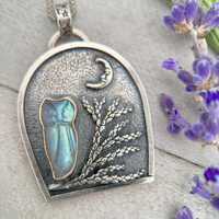 Labradorite Carved Owl, Tree, Moon Shadowbox Sterling Silver Pendant