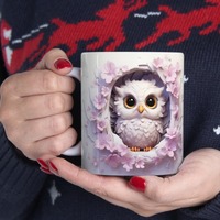 3D Baby Owl Mug, Floral Ceramic Cup, Optical Illusion