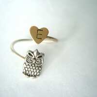 silver owl initials ring with a heart
