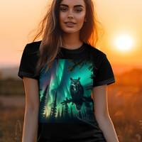 Great Horned Owl Northern Lights - Premium Bella + Canvas 3001 T-Shirt, Cozy Gildan 18000 Sweater, W