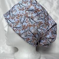Scrub hat. Scrub cap. Owls in trees. Women’s pleated pixie style. Canadian made by The Scrub L