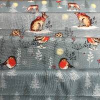 100% Cotton print Christmas Woodland Winter Moon fabric on grey blue . Robin. Hare, Owl etc. Quiltin