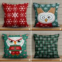 Snowflake and Owl Art Print Christmas Pillow Cover, Festive Owls in a Winter Wonderland Cushion Cove