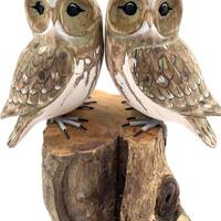 Wooden Hand Carved Double Owl Bird | Tree Stump Painted Great British Birds Indoor/Outdoor Garden Or