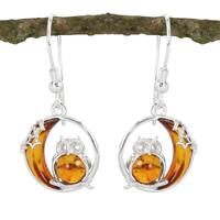 Sterling Silver HONEY Baltic Amber OWL in the MOON Drop Earrings, Beautiful Amber Earrings, Pretty O