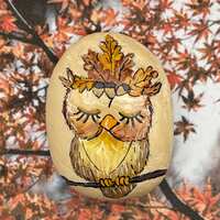 Sleeping Owl with Fall Leaf Crown, Fall Thanksgiving Decoration, Hand Painted Rock,  Stone Painting