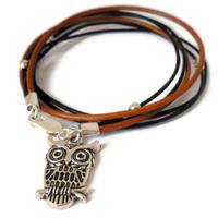 Spirit Animal Owl Totem Bracelet - sterling silver brown leather - Intuition, Wisdom, Life transitio