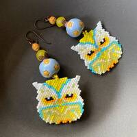 Beaded Owl Earrings, Yellow Owl Earrings, Beaded Bird Earrings, Whimsical Cute Earrings, OOAK, Light