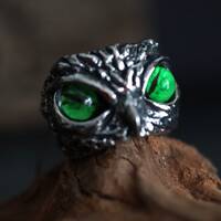 Cute owl with green eyes ring, women men stainless steel, gothic ring present for her, glowing eyes 