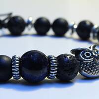 Owl Beaded Gemstone Bracelet with Blue sand, Agate and Lava Beads | Adjustable