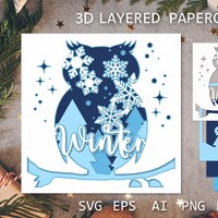 Winter Christmas Layered papercut 3D SVG, Owl Shadow Box 3D