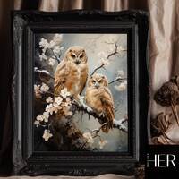Owls in Winter Magic Forest Dark Cottagecore Academia Gothic Floral Wild Animal Wall Art Decor Moody
