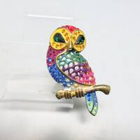 Vintage Colorful Rhinestone Owl Pin, Big and Beautiful