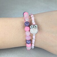 Pink Glass Beaded Bracelet Set: Owl Charm, Stretchy Bracelets